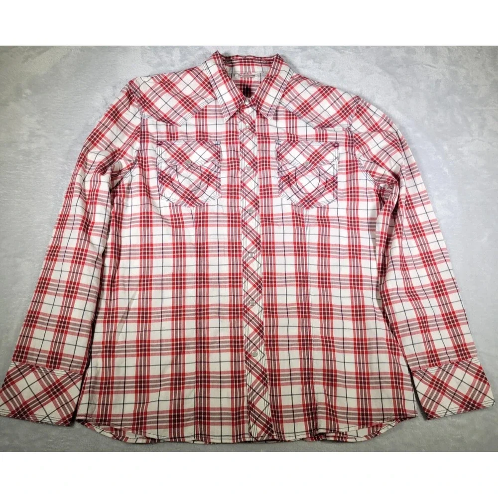 True Religion Shirt Mens XL Red White Plaid Pearl Snap Western Cowboy Pockets‎